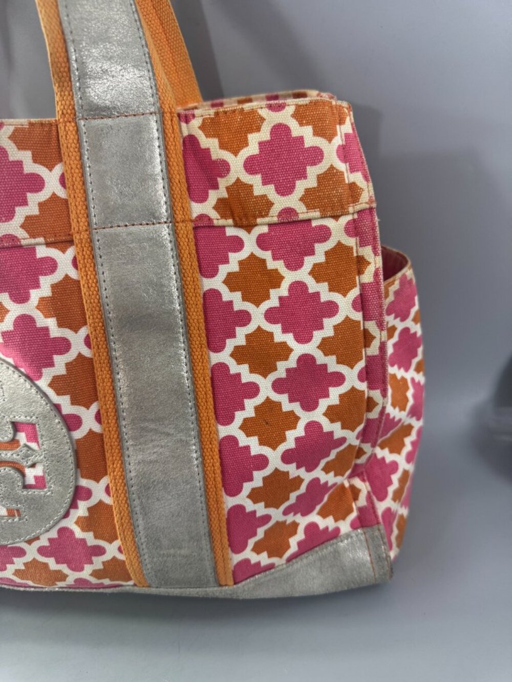 Tory Burch Orange/Pink Canvas w/Silver-tone Distressed Leather Large Tote Bag - Picture 3 of 15